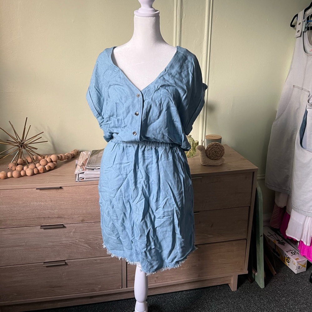 SPLENDID Denim Baggy Short Sleeve Cut-Out Back V-Neck Mini High-Waist Dress Sz S